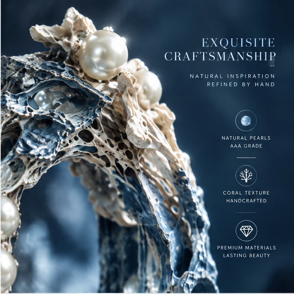 SOLVERNM® Exquisite Craftsmanship — natural inspiration refined by hand; natural pearls AAA grade icon, coral texture handcrafted icon, premium materials lasting beauty icon; extreme close-up macro of pearl coral ring crown showing AAA pearl lustre against raw porous coral lattice and ocean-blue surface
