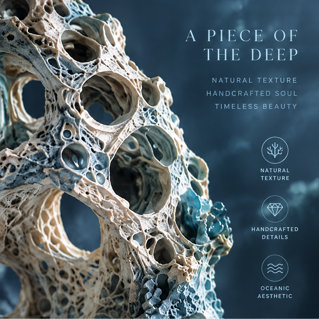 SOLVERNM® A Piece of the Deep — natural texture, handcrafted soul, timeless beauty; natural texture icon, handcrafted details icon, oceanic aesthetic icon; macro close-up of porous coral stone lattice with teal crystal glaze hollows