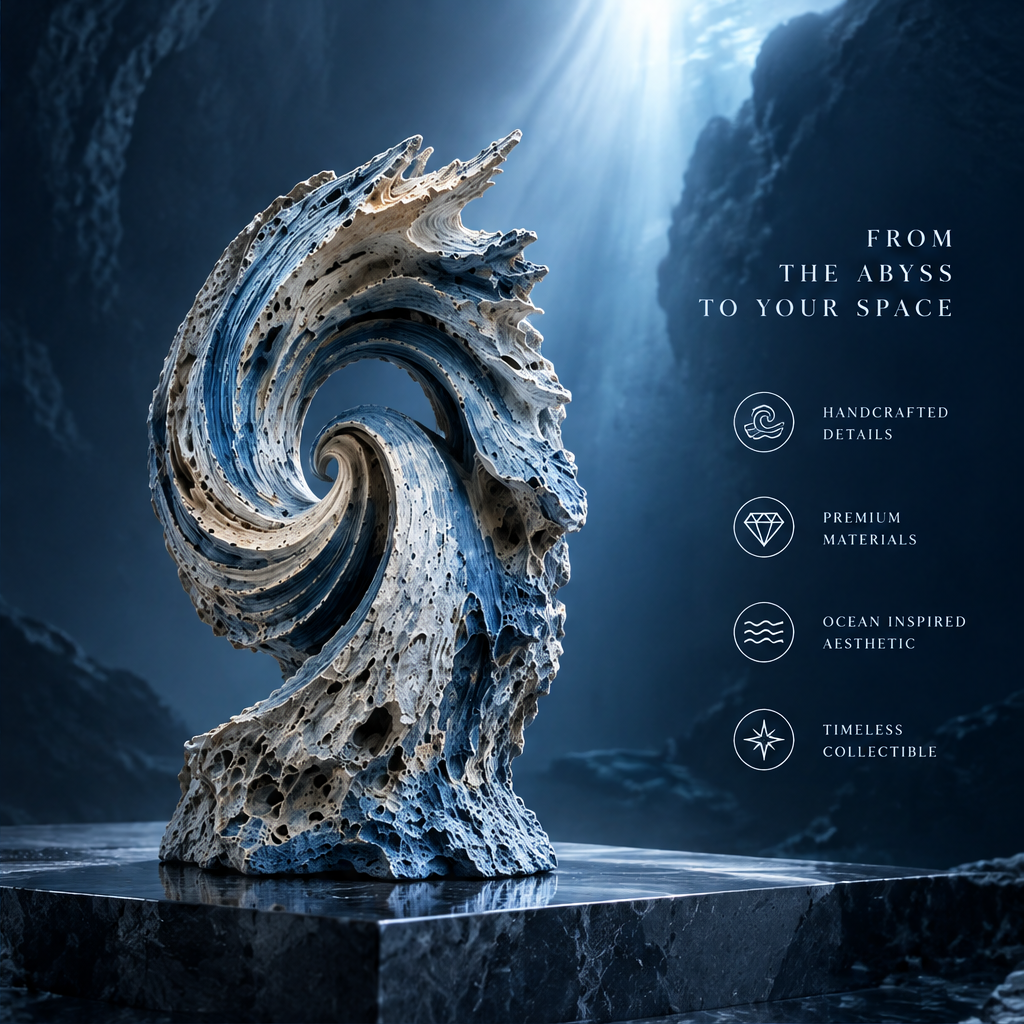SOLVERNM® From the Abyss to Your Space — handcrafted details icon, premium materials icon, ocean inspired aesthetic icon, timeless collectible icon; spiral wave coral stone sculpture on dark black marble cube in deep ocean cave with dramatic light beam