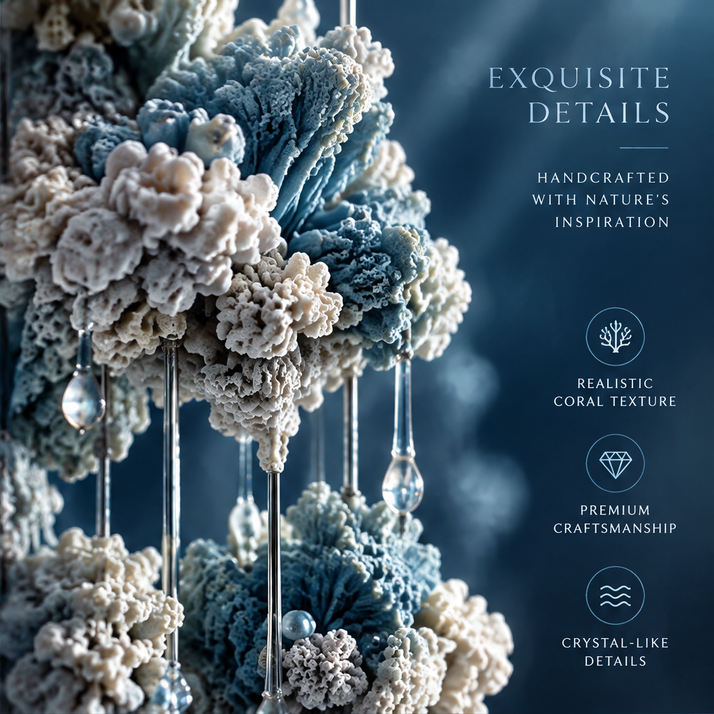 SOLVERNM® Exquisite Details — handcrafted with nature's inspiration; realistic coral texture icon, premium craftsmanship icon, crystal-like details icon; extreme close-up macro of teal and bone-white fan coral orb clusters with crystal droplet pendants on silver needle arms