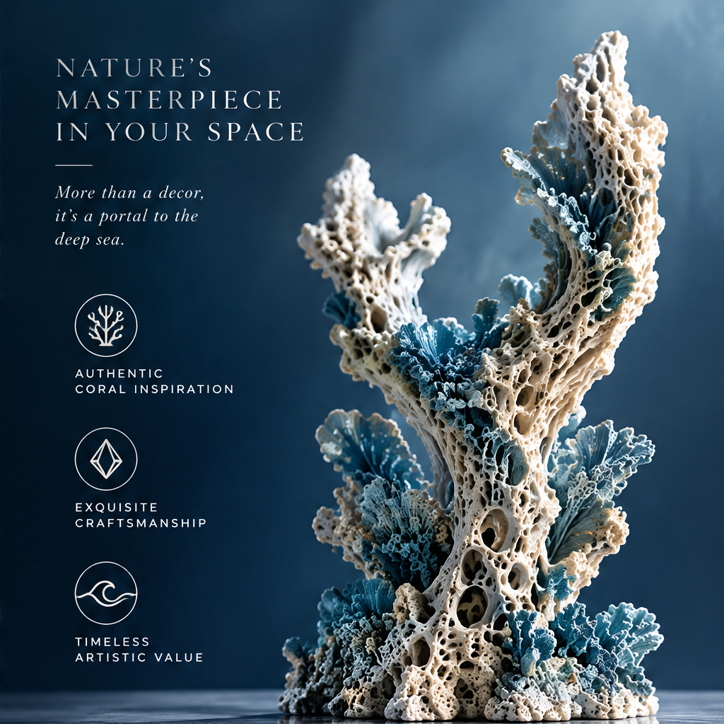 SOLVERNM® Nature's Masterpiece in Your Space — more than a decor it's a portal to the deep sea; authentic coral inspiration icon, exquisite craftsmanship icon, timeless artistic value icon; macro side view of antler coral on dark background