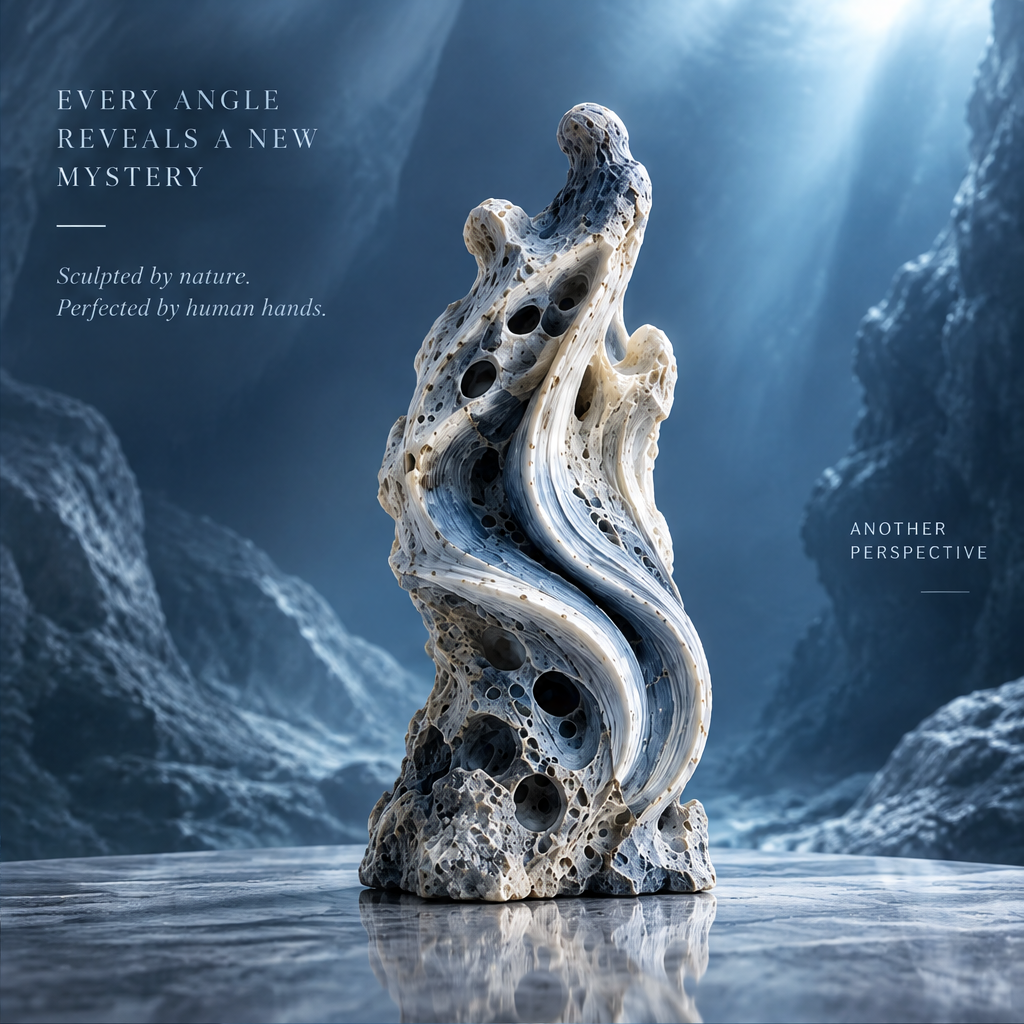 SOLVERNM® Every Angle Reveals a New Mystery — sculpted by nature perfected by human hands; another perspective; side view of ocean wave coral stone sculpture in deep ocean canyon with light rays
