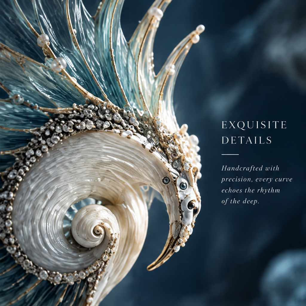 SOLVERNM® nautilus shell sculpture — exquisite details: handcrafted with precision, every curve echoes the rhythm of the deep, pearl barnacle collar close-up
