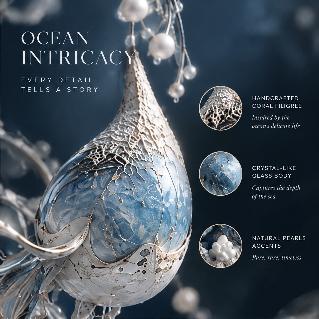 SOLVERNM® Ocean Intricacy — every detail tells a story: handcrafted coral filigree inspired by the ocean's delicate life, crystal-like glass body captures the depth of the sea, natural pearl accents pure rare timeless