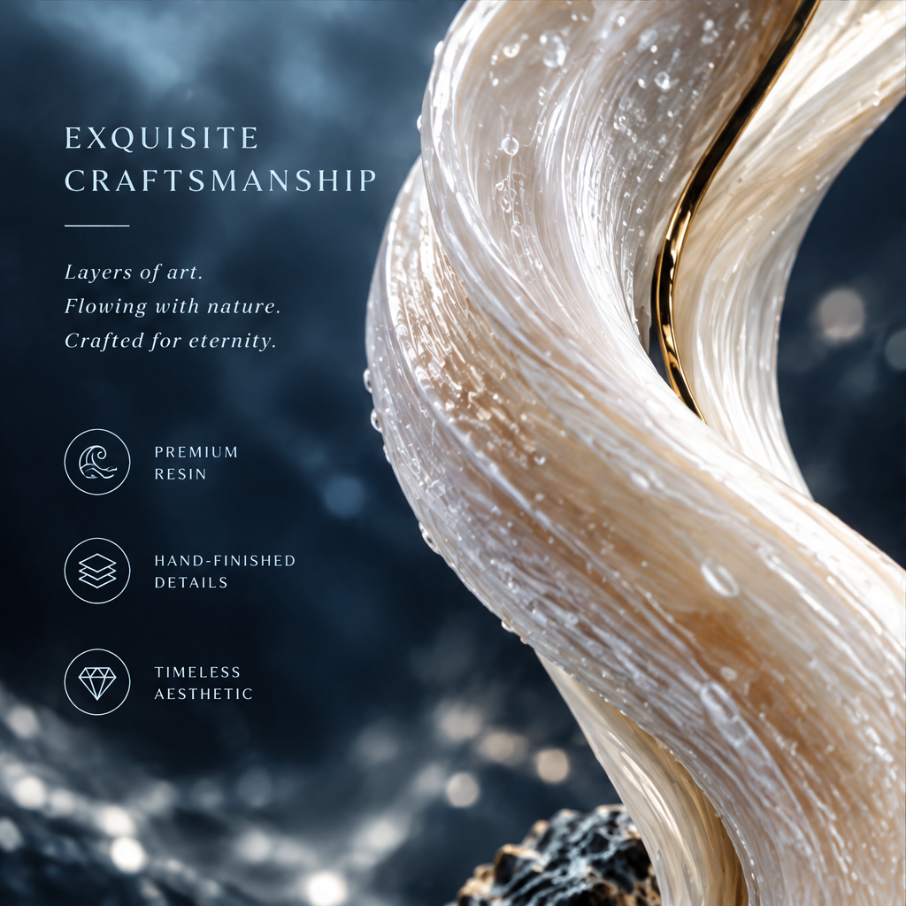 SOLVERNM® ocean spiral sculpture — full view in glacial cave setting, pearlescent white resin with gold accent detail