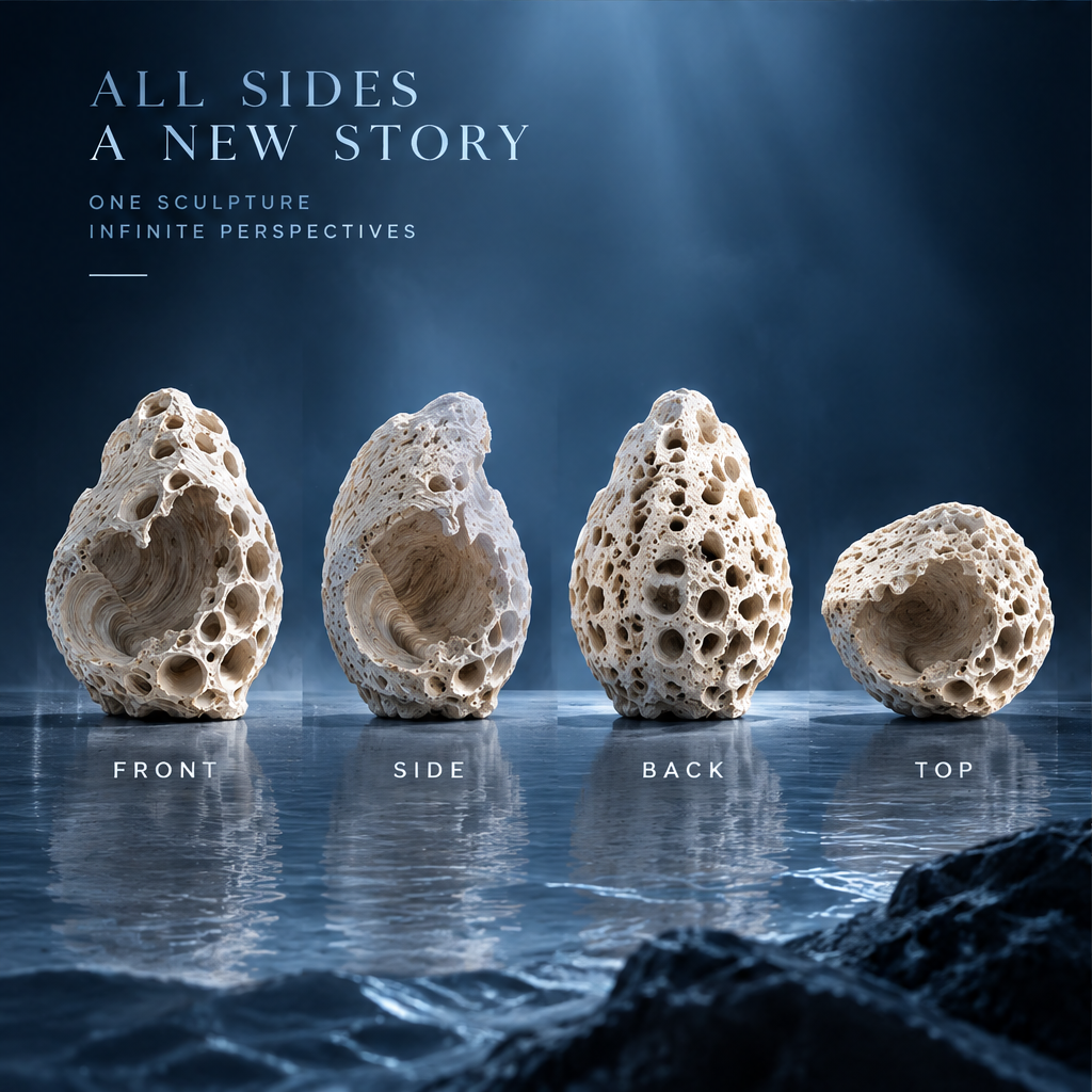 SOLVERNM® All Sides a New Story — one sculpture infinite perspectives; honeycomb void coral stone four views: front view showing open concave hollow with spiral whorl, side view showing closed pore-covered exterior, back view showing concentrated pore colony, top view showing complete spiral whorl from above; reflective ocean surface setting
