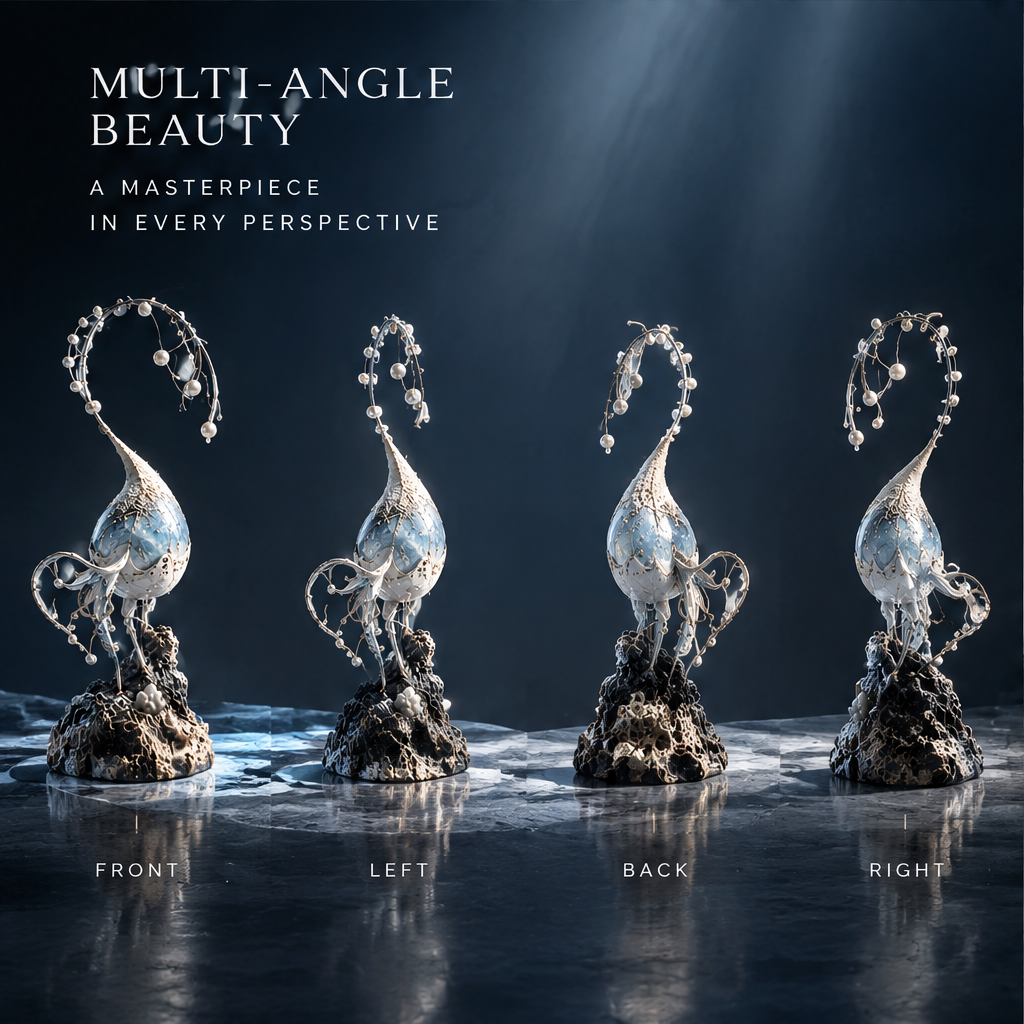 SOLVERNM® Multi-Angle Beauty — a masterpiece in every perspective: front, left, back, right views of the Pearl Blossom sculpture