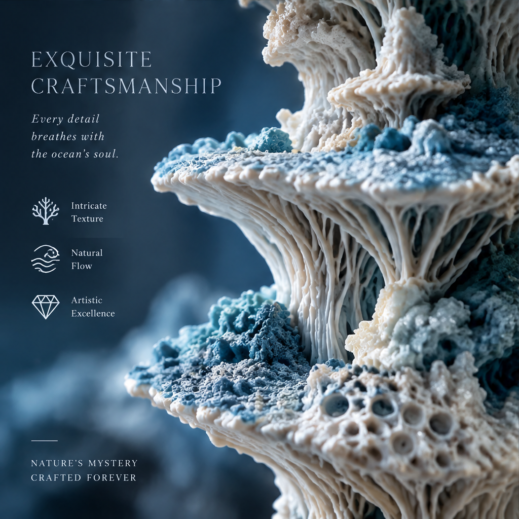 SOLVERNM® Exquisite Craftsmanship — every detail breathes with the ocean's soul; intricate texture icon, natural flow icon, artistic excellence icon; nature's mystery crafted forever; extreme close-up macro of ribbed fan coral tiers showing teal and white filament detail