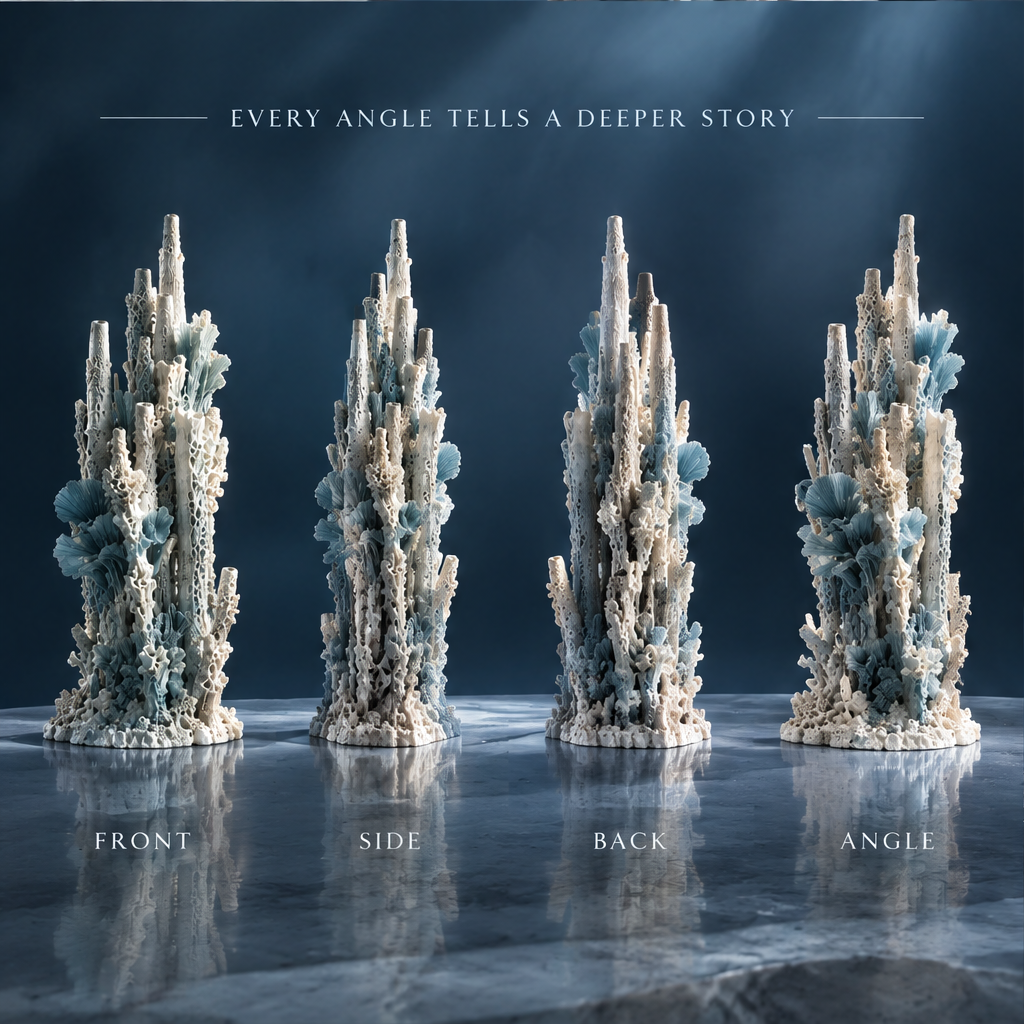 SOLVERNM® Every Angle Tells a Deeper Story — coral tower sculpture front, side, back, angle views on reflective ocean floor surface