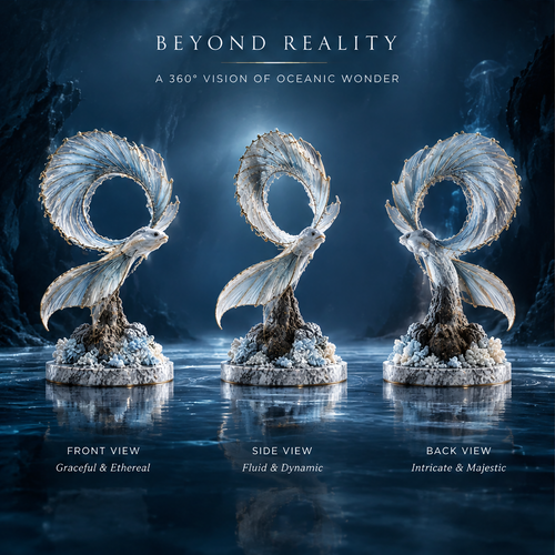 SOLVERNM® The Deep Sea Realm mystical fish sculpture — full view on marble pedestal in glacial cave setting, crystal resin with gold accents