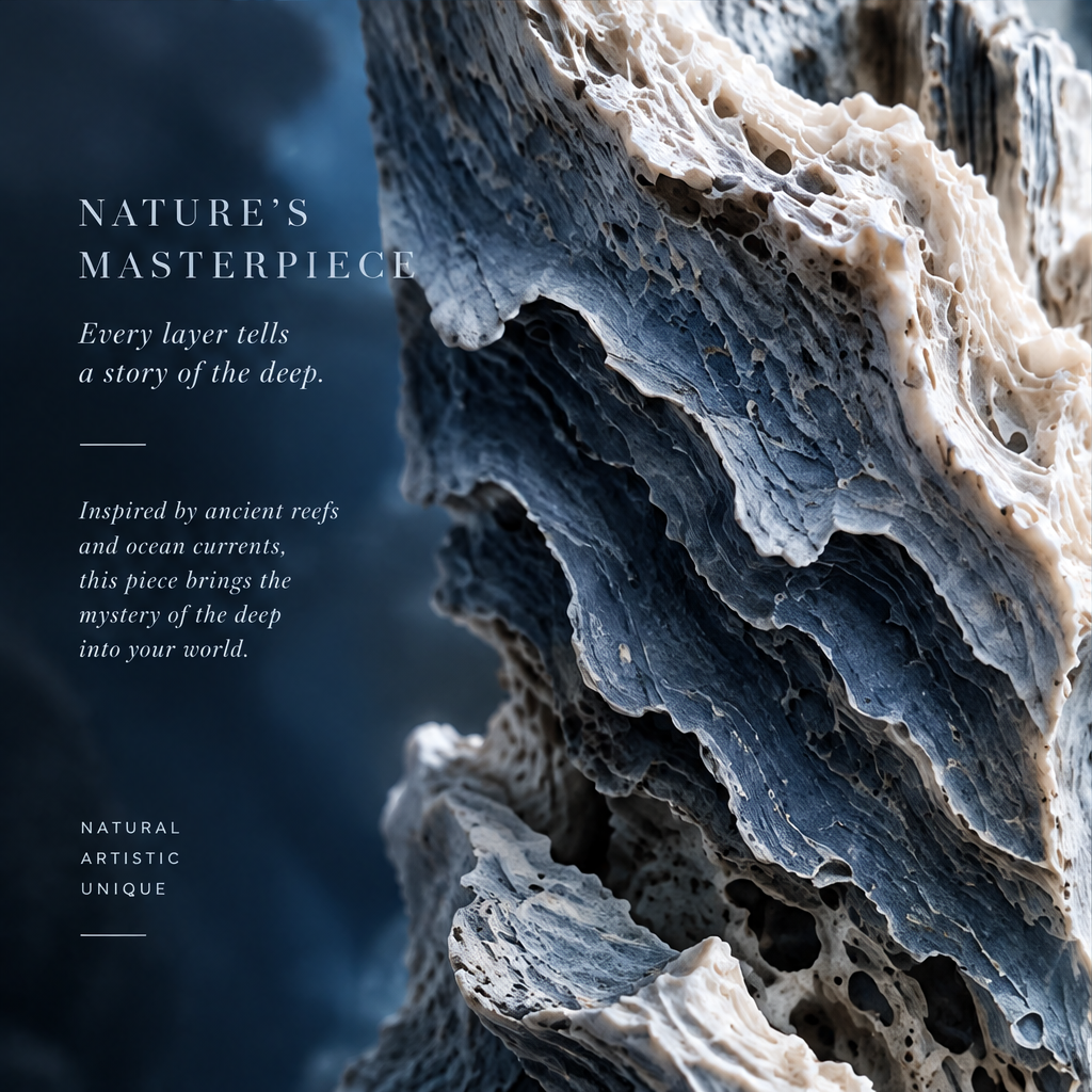 SOLVERNM® Nature's Masterpiece — every layer tells a story of the deep; inspired by ancient reefs and ocean currents this piece brings the mystery of the deep into your world; natural, artistic, unique; extreme close-up macro of deep slate-blue and bone-white horizontal reef strata with organic eroded layer edges and porous cavity texture