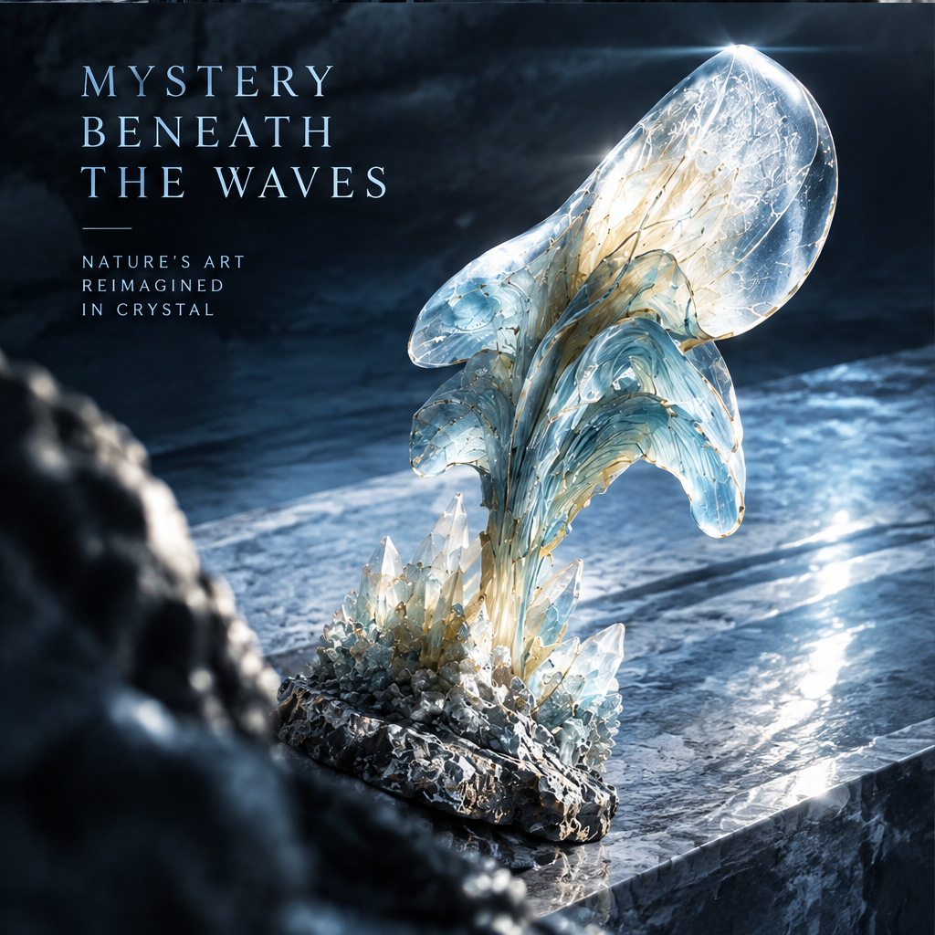 SOLVERNM® The Ocean Lives in Details — luminous crystal texture, artistic golden accents, natural stone base close-up. More than decor, it's a journey.
