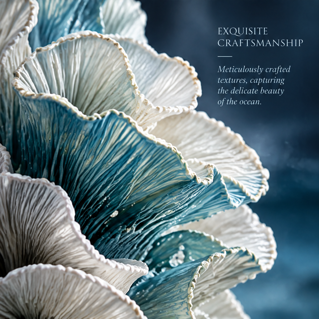 SOLVERNM® Exquisite Craftsmanship — meticulously crafted textures capturing the delicate beauty of the ocean, close-up macro detail of ribbed fan coral fins with scalloped edges in teal and white