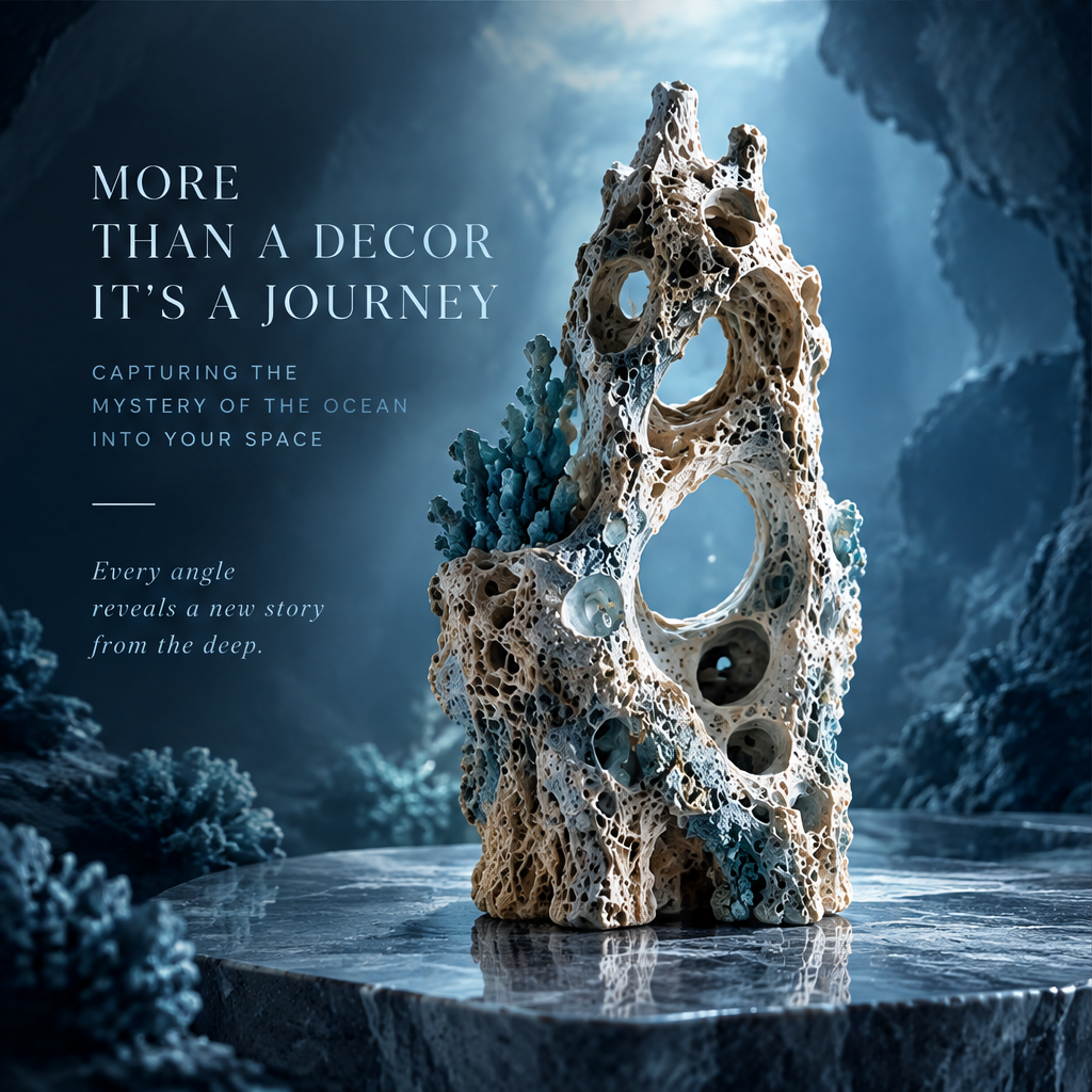 SOLVERNM® More Than a Decor It’s a Journey — capturing the mystery of the ocean into your space, every angle reveals a new story from the deep, dramatic side view in deep sea cave setting