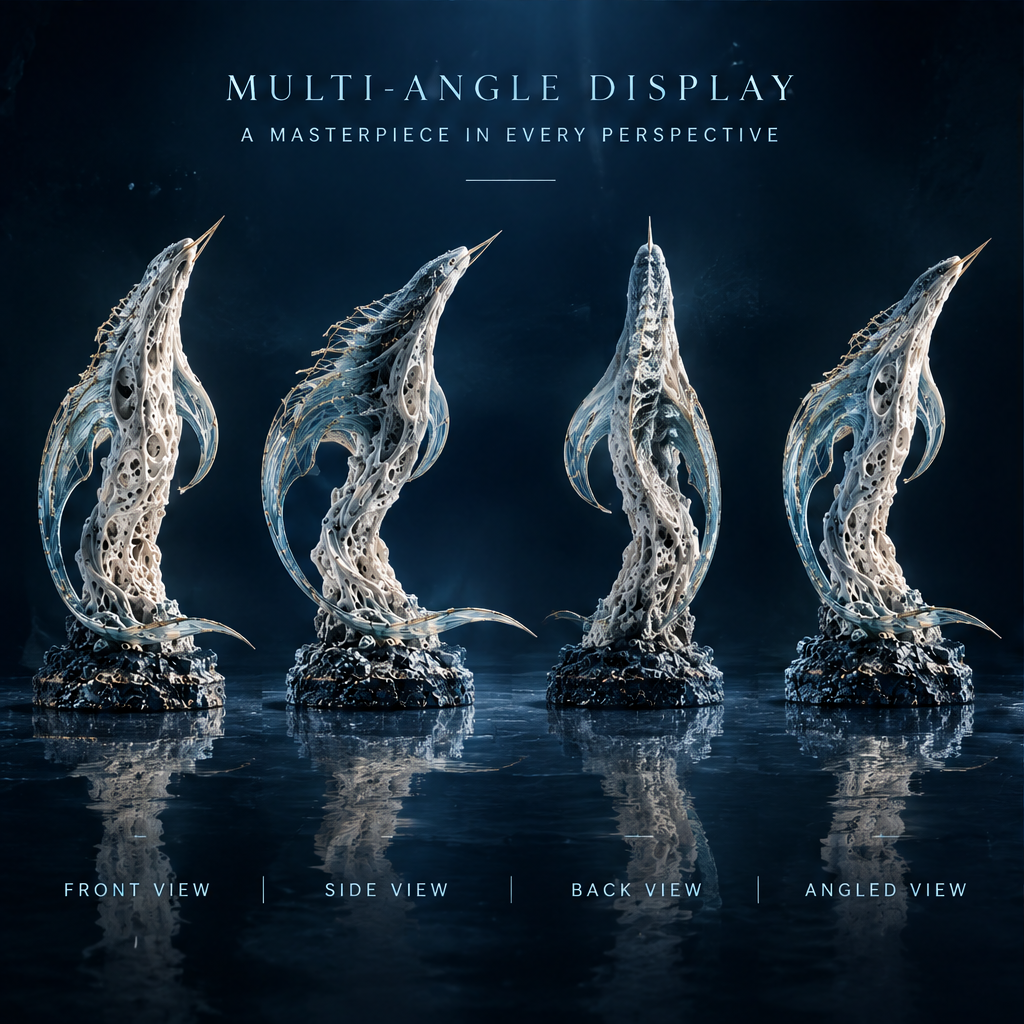 SOLVERNM® Abyssal Realm swordfish sculpture — multi-angle display: front view, side view, back view, angled view, a masterpiece in every perspective