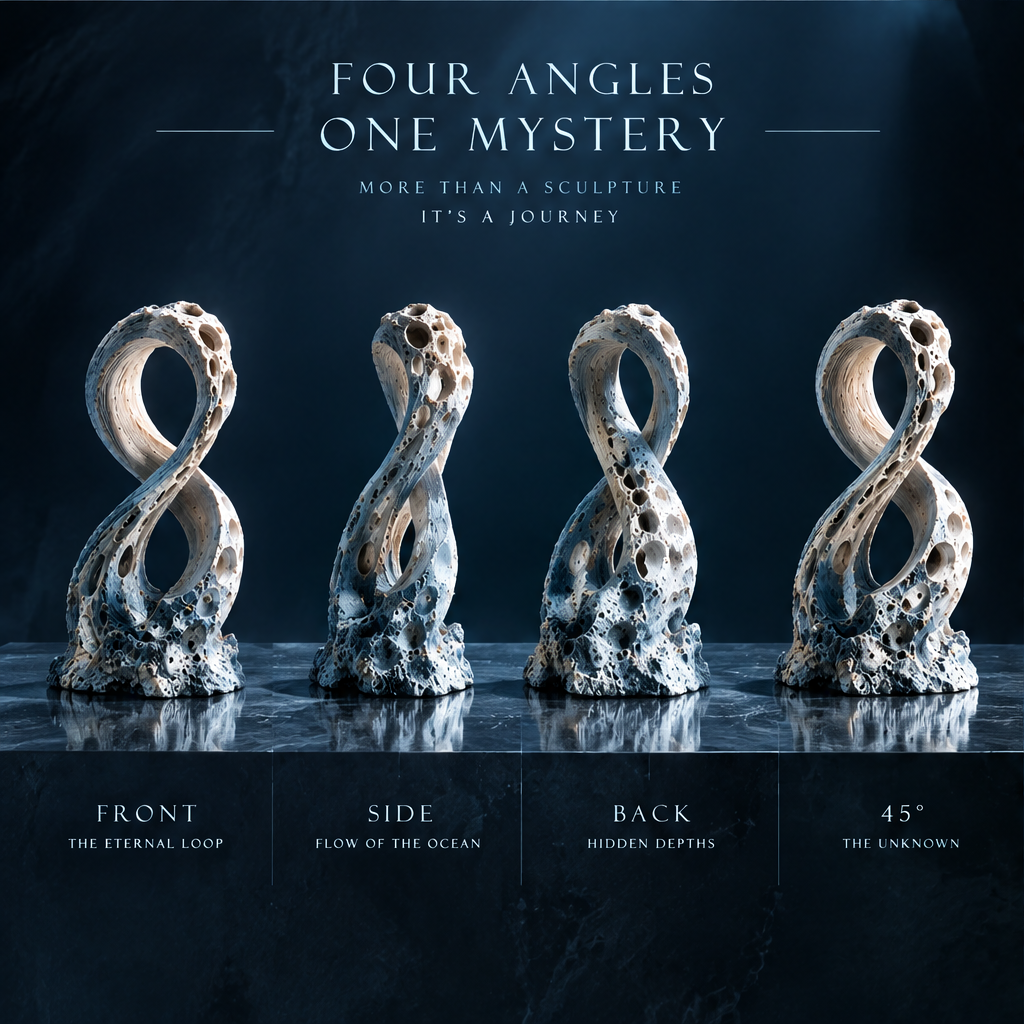 SOLVERNM® Four Angles One Mystery — more than a sculpture it's a journey; infinite loop coral stone sculpture four views on dark marble surface: front The Eternal Loop, side Flow of the Ocean, back Hidden Depths, 45 degrees The Unknown