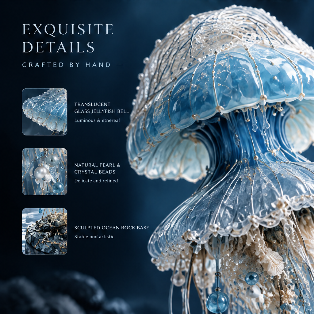 SOLVERNM® jellyfish sculpture exquisite details crafted by hand — translucent glass bell, natural pearl & crystal beads, sculpted ocean rock base close-up