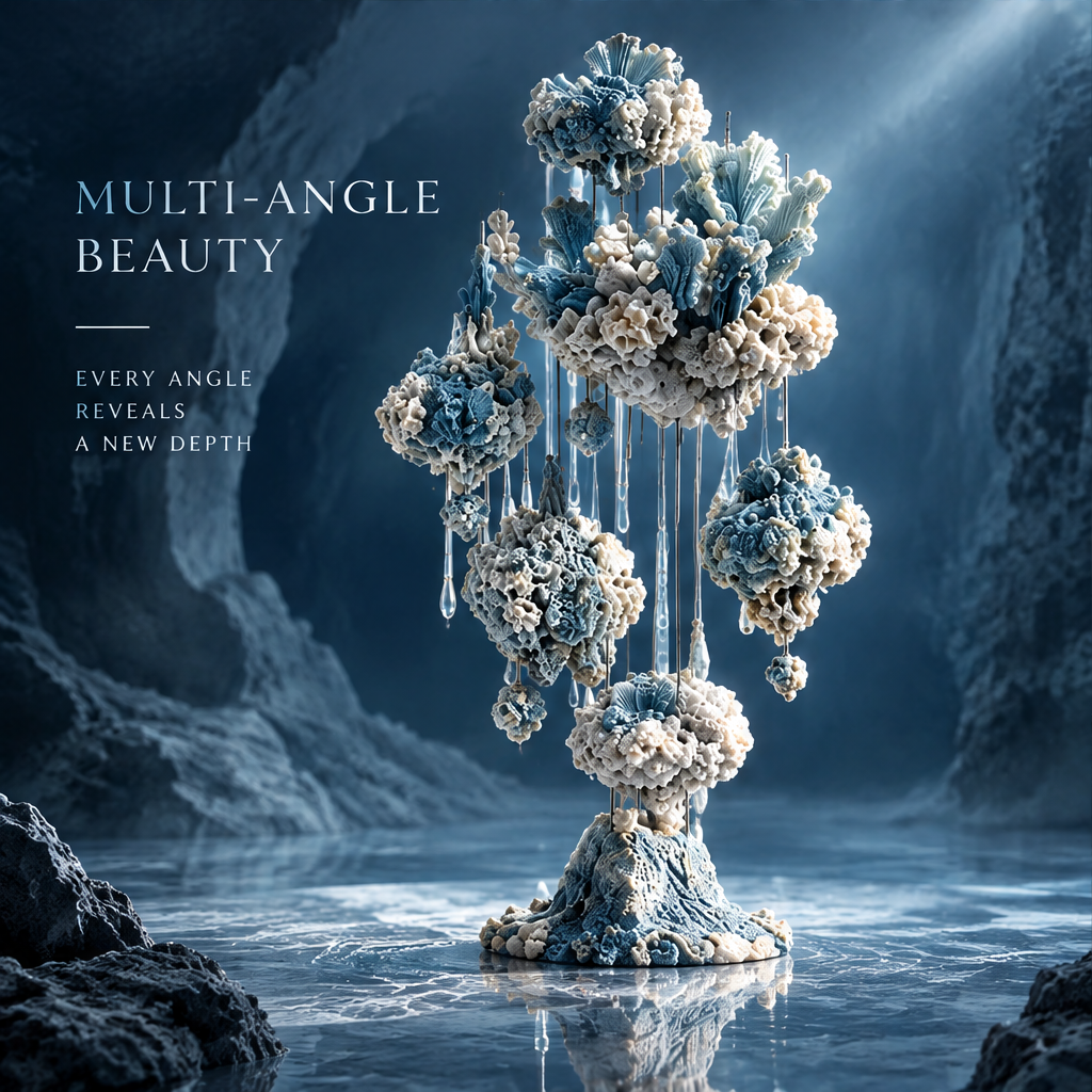 SOLVERNM® Multi-Angle Beauty — every angle reveals a new depth; side view of coral orb chandelier tree on reflective ocean floor in deep sea cave with mist
