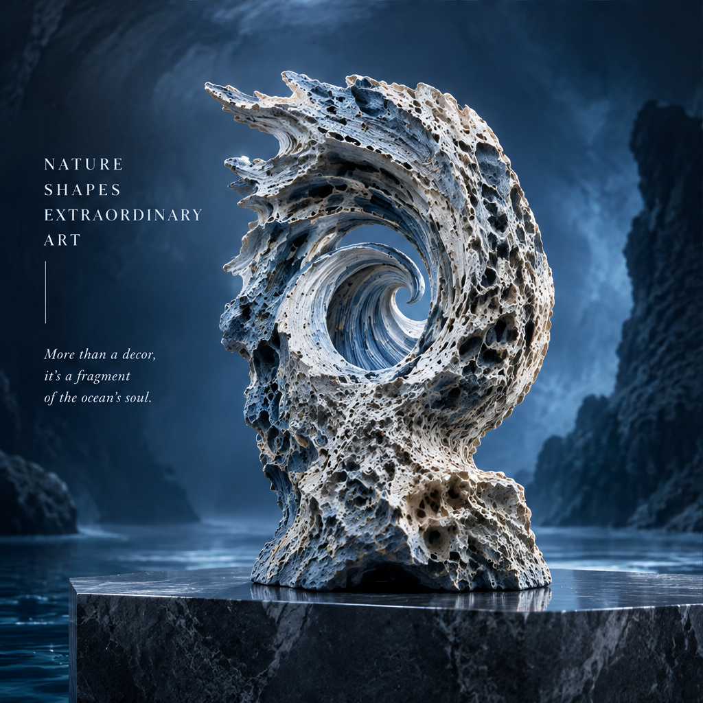 SOLVERNM® Nature Shapes Extraordinary Art — more than a decor it's a fragment of the ocean's soul; spiral wave coral stone sculpture on black marble cube in ocean cave with water reflections, open spiral curl centre framing view through to backdrop