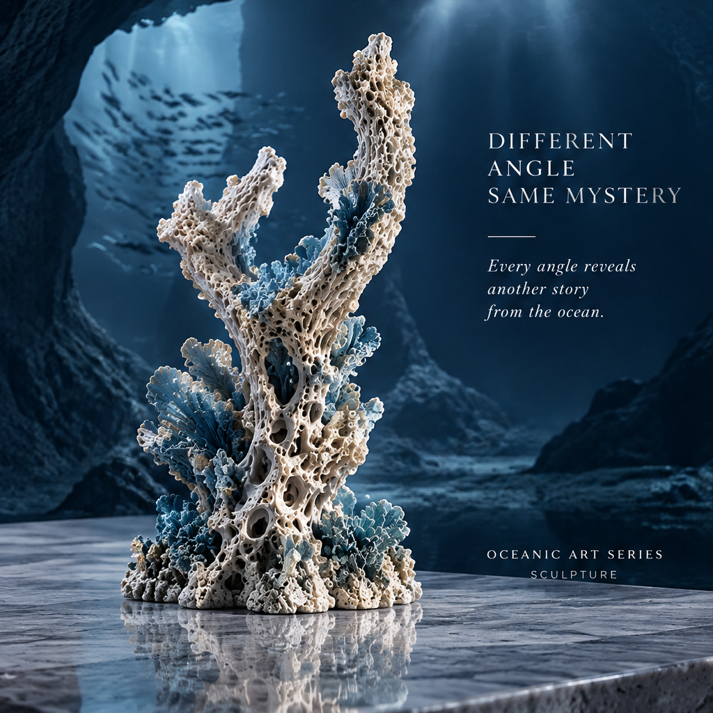 SOLVERNM® Different Angle Same Mystery — every angle reveals another story from the ocean; Oceanic Art Series Sculpture; side view on reflective marble in deep ocean cave