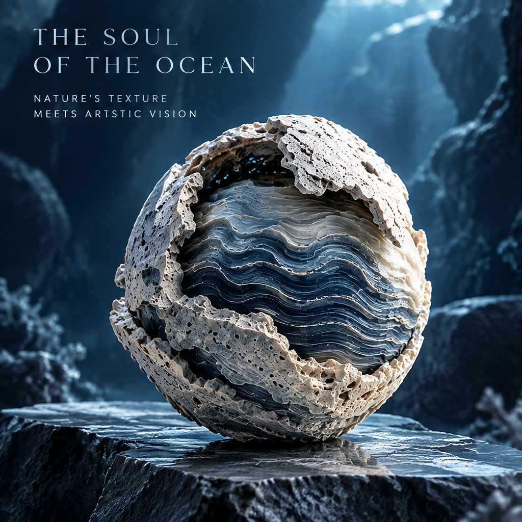 SOLVERNM® The Soul of the Ocean — nature's texture meets artistic vision; coral shell wave globe on black ocean rock platform in dramatic deep ocean cave with blue light rays and white coral branches, cracked-open crown showing full sinuous wave strata interior