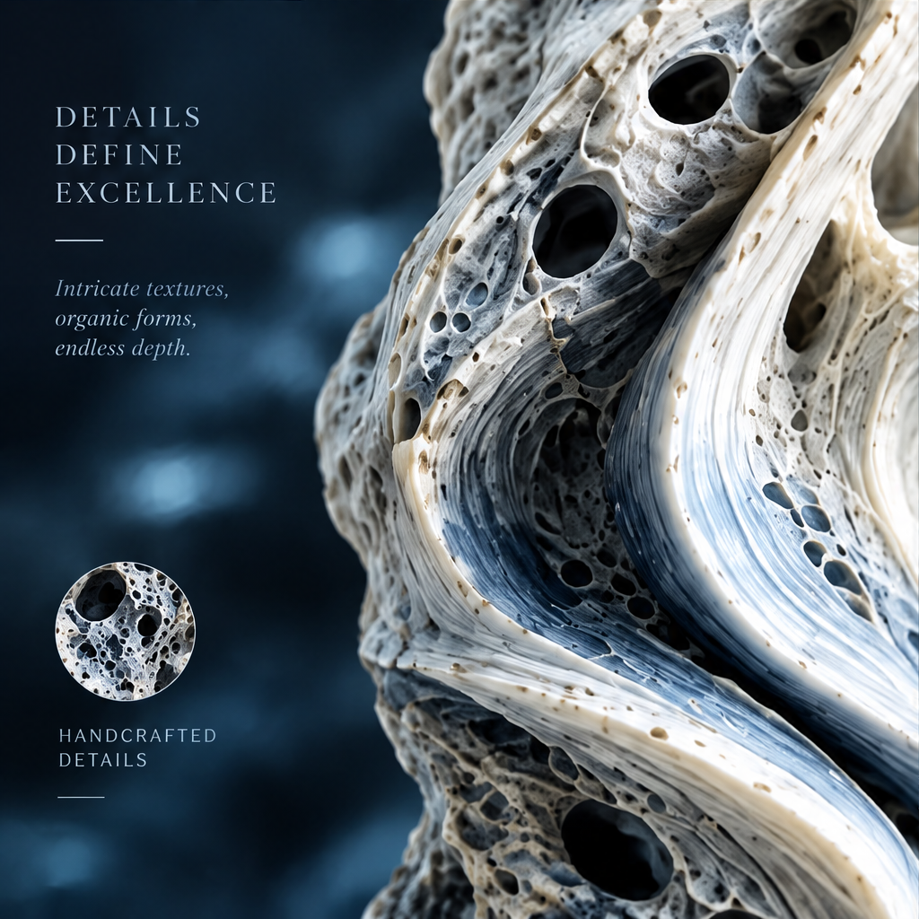 SOLVERNM® Details Define Excellence — intricate textures organic forms endless depth; handcrafted details circular inset; extreme close-up macro of porous bone-white reef stone surface with smooth layered slate-blue wave ribbon passing through open cavities