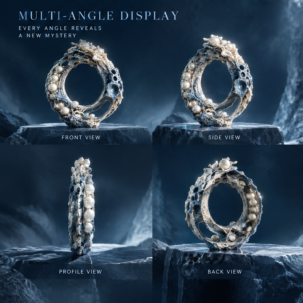 SOLVERNM® Multi-Angle Display — every angle reveals a new mystery; pearl coral ring sculpture front view, side view, profile view, back view on dark ocean rock pedestal in deep sea cave