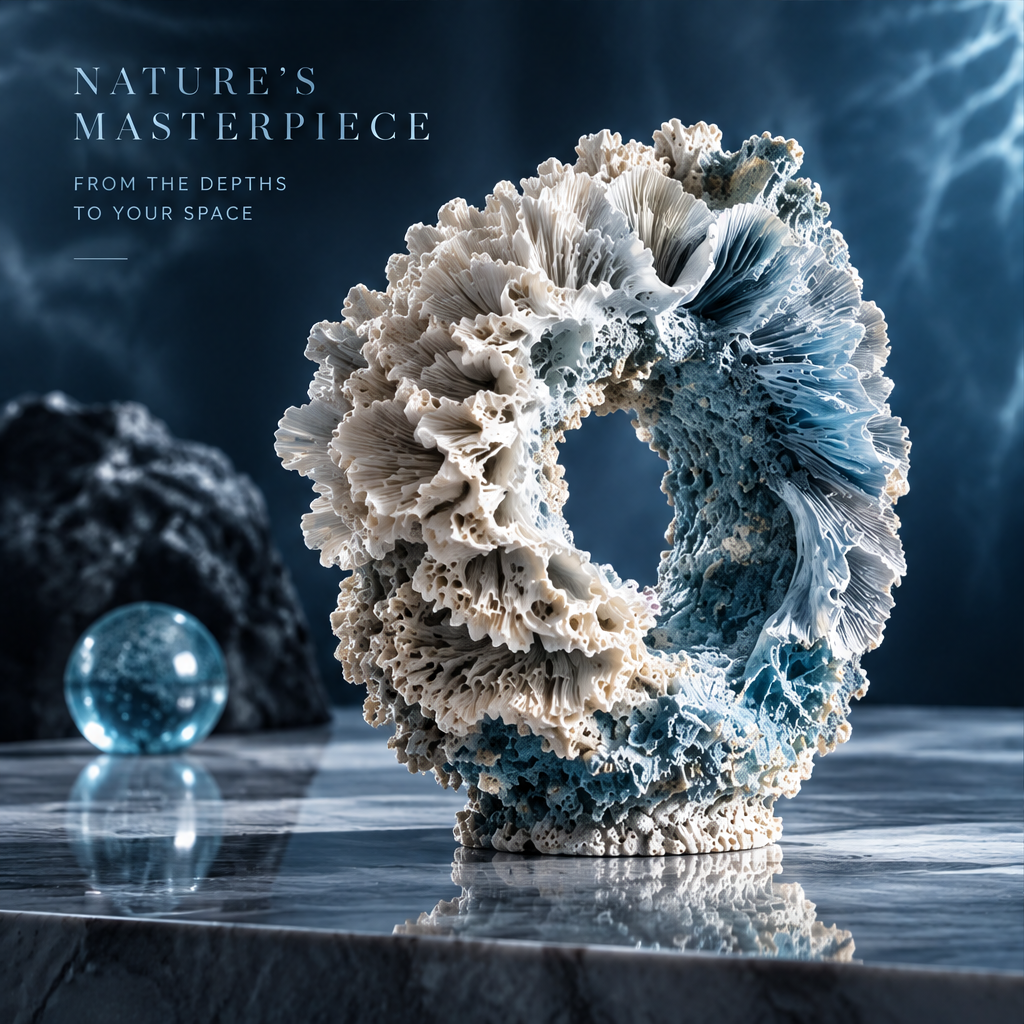 SOLVERNM® Nature's Masterpiece — from the depths to your space: Abyssal Realm coral ring sculpture styled on dark marble console with blue glass sphere accent