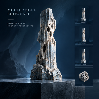 SOLVERNM® The Ocean Lives in Art — bring the mystery of the deep into your space; void column reef stone sculpture on dark rock platform in bioluminescent ocean cave with electric blue light rays reflected in still water