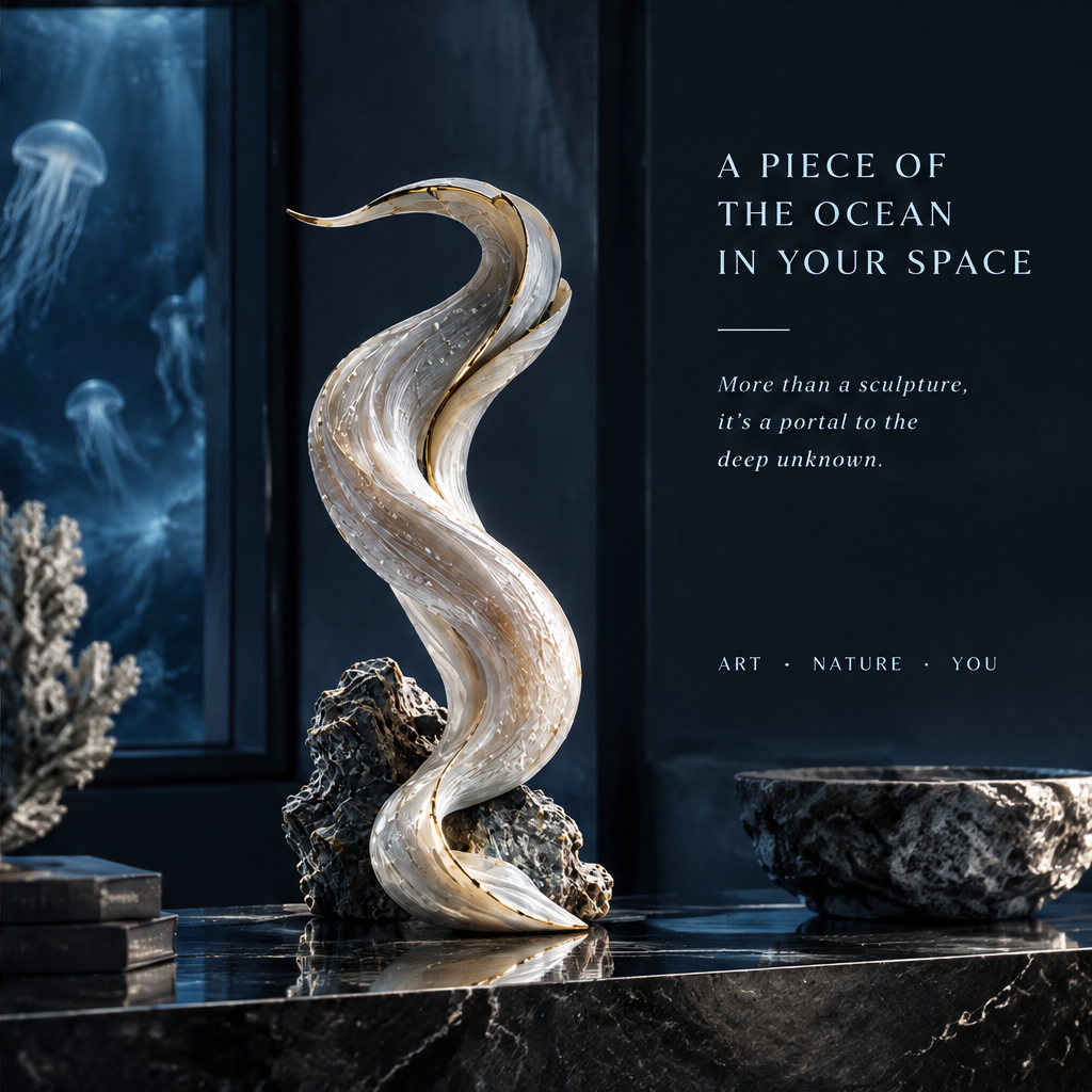 SOLVERNM® The Abyssal Realm sculpture — a piece of the ocean in your space, styled on marble surface with coastal decor