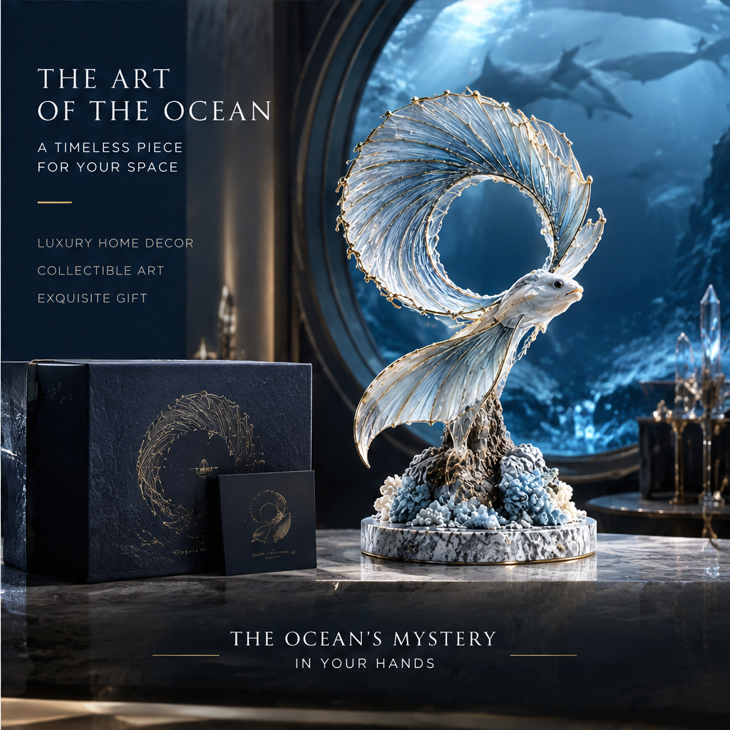 SOLVERNM® deep-sea fish sculpture close-up — exquisite craftsmanship: handcrafted crystal resin, gold accent detailing, premium marble base, limited edition