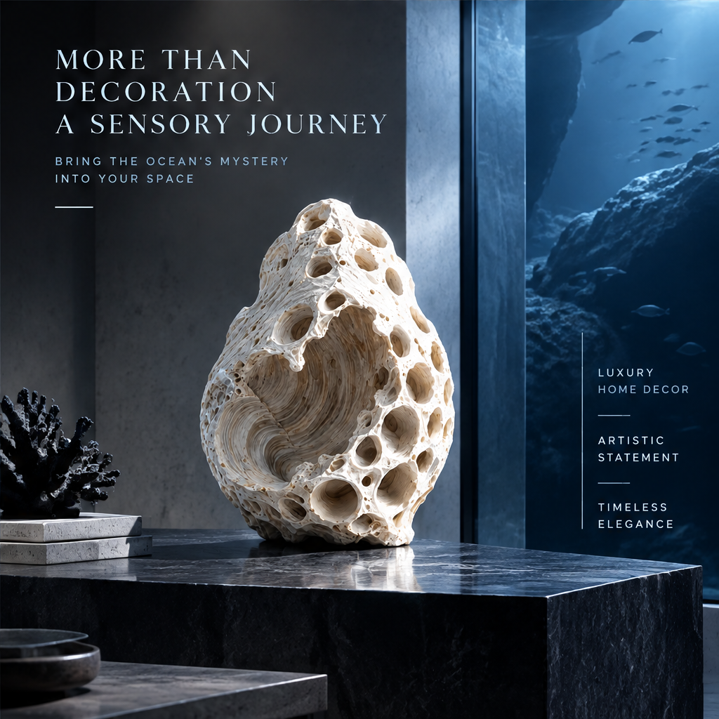 SOLVERNM® More Than Decoration A Sensory Journey — bring the ocean's mystery into your space; luxury home decor, artistic statement, timeless elegance; honeycomb void coral stone sculpture styled on large black marble cube table with dark raw coral branch accent and art books on marble tray, full-height ocean-view window with fish school backdrop