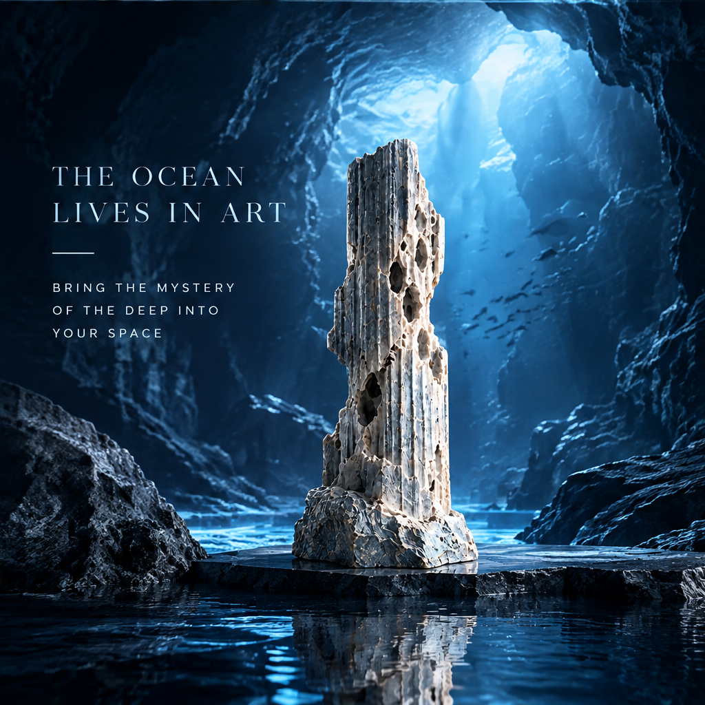 SOLVERNM® The Abyssal Realm void column reef stone sculpture — clean product image on white grey marble surface in glacial canyon mist, full body view showing complete void colony distribution and fractured asymmetric apex