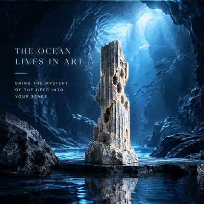 SOLVERNM® The Abyssal Realm void column reef stone sculpture — clean product image on white grey marble surface in glacial canyon mist, full body view showing complete void colony distribution and fractured asymmetric apex