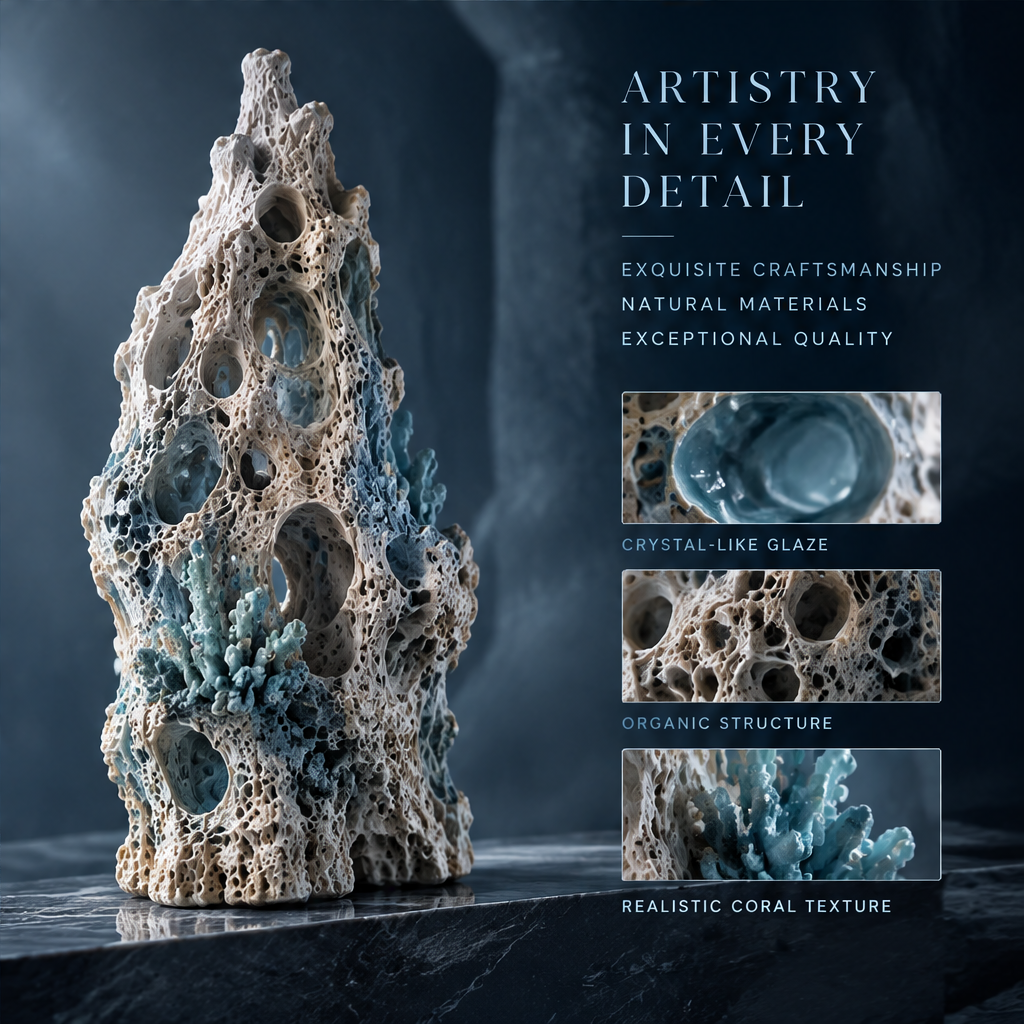 SOLVERNM® Artistry in Every Detail — exquisite craftsmanship, natural materials, exceptional quality; crystal-like glaze macro, organic structure macro, realistic coral texture macro; full sculpture on dark marble surface