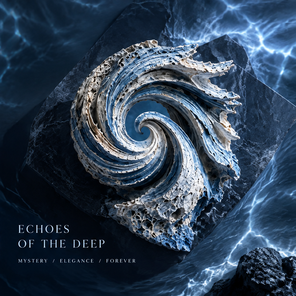 SOLVERNM® Echoes of the Deep — mystery elegance forever; aerial top-down view of spiral wave coral stone sculpture on black rock with electric blue bioluminescent ocean surface surrounding it, perfect logarithmic spiral curl visible from above