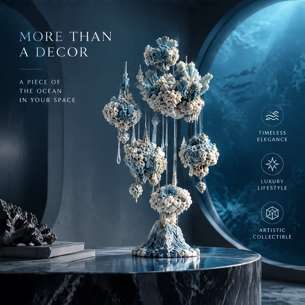 SOLVERNM® More Than a Decor — a piece of the ocean in your space; timeless elegance icon, luxury lifestyle icon, artistic collectible icon; coral orb chandelier tree styled on round dark marble pedestal table with raw coral accent and art books, large circular porthole ocean window backdrop