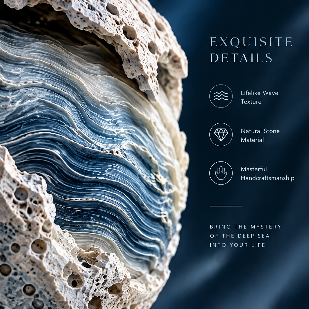 SOLVERNM® Exquisite Details — lifelike wave texture icon, natural stone material icon, masterful handcraftsmanship icon; bring the mystery of the deep sea into your life; extreme close-up macro of coral shell wave globe showing individual sinuous ocean-blue and bone-white wave strata layers and porous bone-white reef shell exterior cavity texture