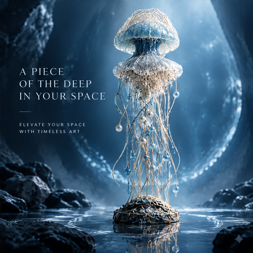 SOLVERNM® jellyfish sculpture — a piece of the deep in your space, elevate your space with timeless art, ocean cave setting