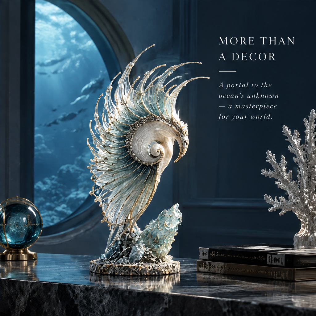 SOLVERNM® nautilus shell sculpture styled on dark marble console — more than a decor: a portal to the ocean's unknown, a masterpiece for your world