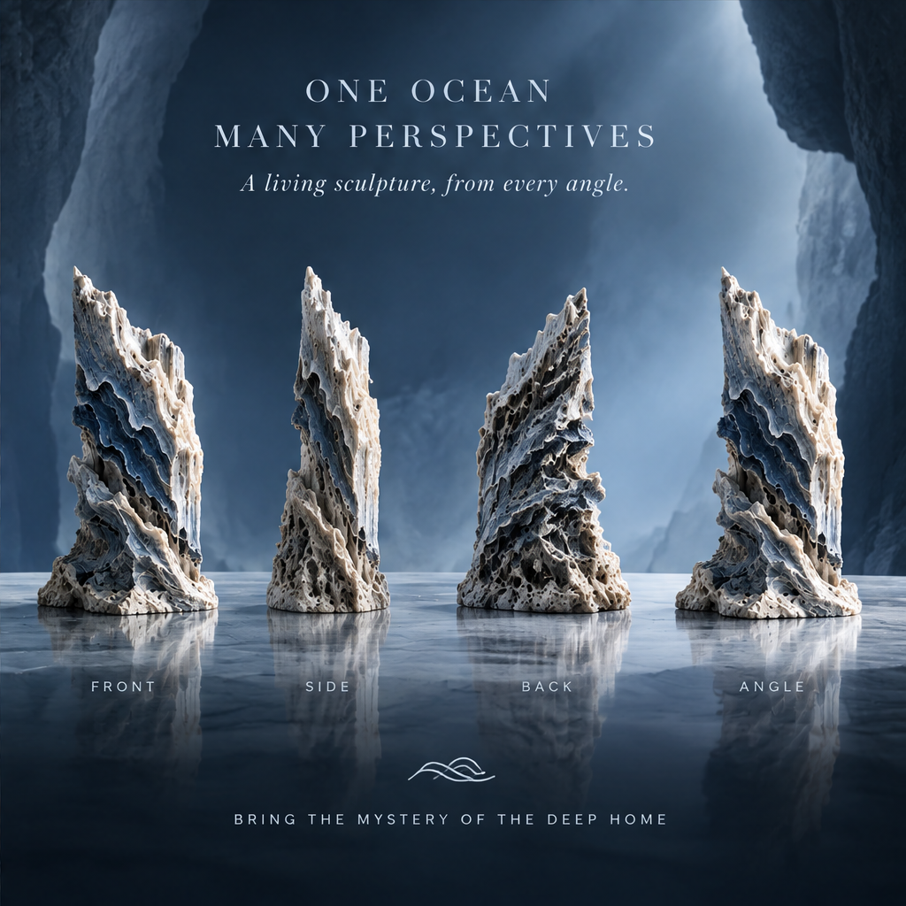 SOLVERNM® One Ocean Many Perspectives — a living sculpture from every angle; layered reef stone monolith four views: front view, side view, back view, angle view on reflective surface in glacial cave; bring the mystery of the deep home