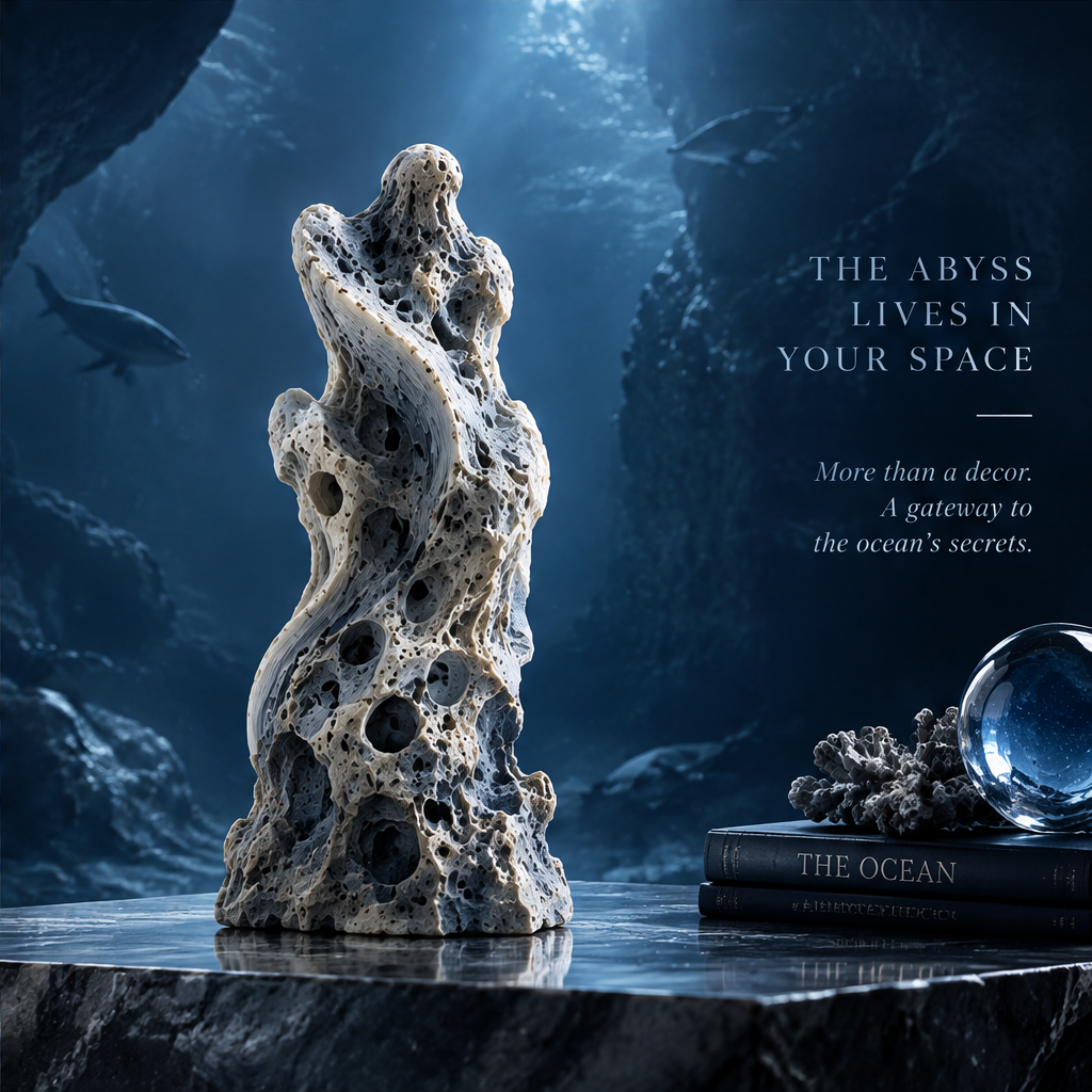SOLVERNM® The Abyss Lives in Your Space — more than a decor a gateway to the ocean's secrets; ocean wave coral stone sculpture styled on dark stone surface with crystal sphere, white coral fragment and The Ocean art books, deep sea cave with shark silhouettes backdrop