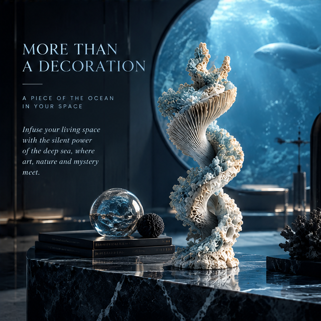 SOLVERNM® More Than a Decoration — a piece of the ocean in your space: spiral coral tower styled on black marble console with crystal ocean sphere, coral accent and art books, large circular ocean window backdrop