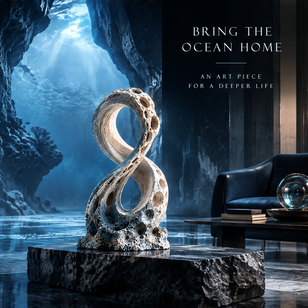 SOLVERNM® Bring the Ocean Home — an art piece for a deeper life; infinite loop coral stone sculpture on large black raw rock slab platform in luxury deep navy interior with dark marble floors, navy velvet sofa, black coffee table with art books and crystal glass sphere, deep ocean cave backdrop with blue light rays and coral formations