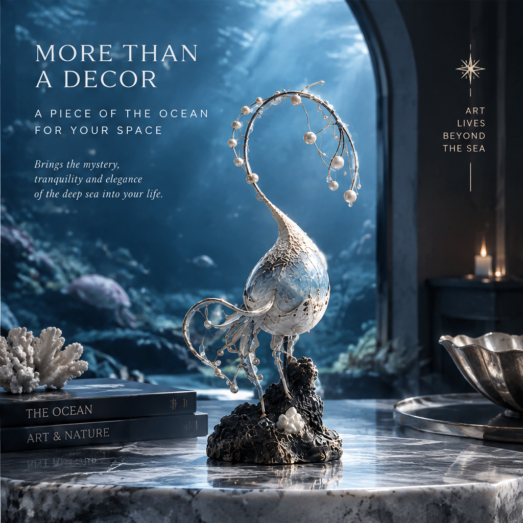 SOLVERNM® More Than a Decor — a piece of the ocean for your space: Pearl Blossom sculpture styled on marble console with coral accent, art books, candles, art lives beyond the sea