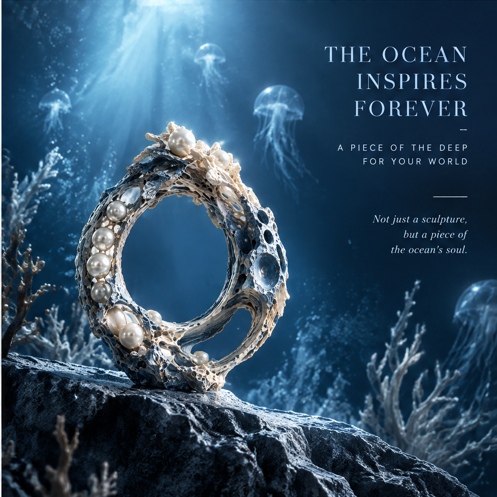 SOLVERNM® The Ocean Inspires Forever — a piece of the deep for your world; not just a sculpture but a piece of the ocean's soul; pearl coral ring sculpture on deep ocean reef rock with white coral branches jellyfish and dramatic blue light rays