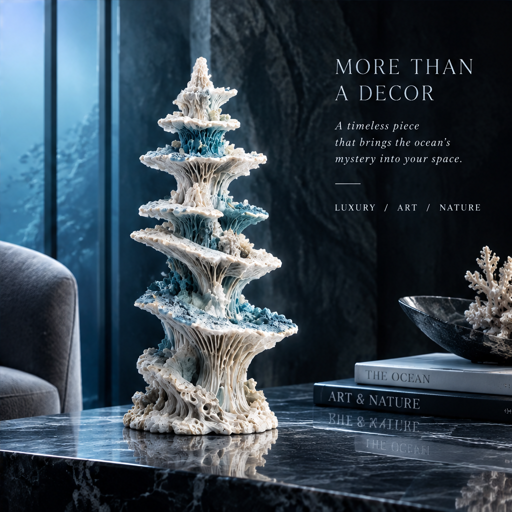 SOLVERNM® More Than a Decor — a timeless piece that brings the ocean's mystery into your space; Luxury Art Nature; coral pagoda sculpture styled on dark marble coffee table with art books The Ocean and Art & Nature, white coral accent in marble bowl, floor-to-ceiling ocean window backdrop