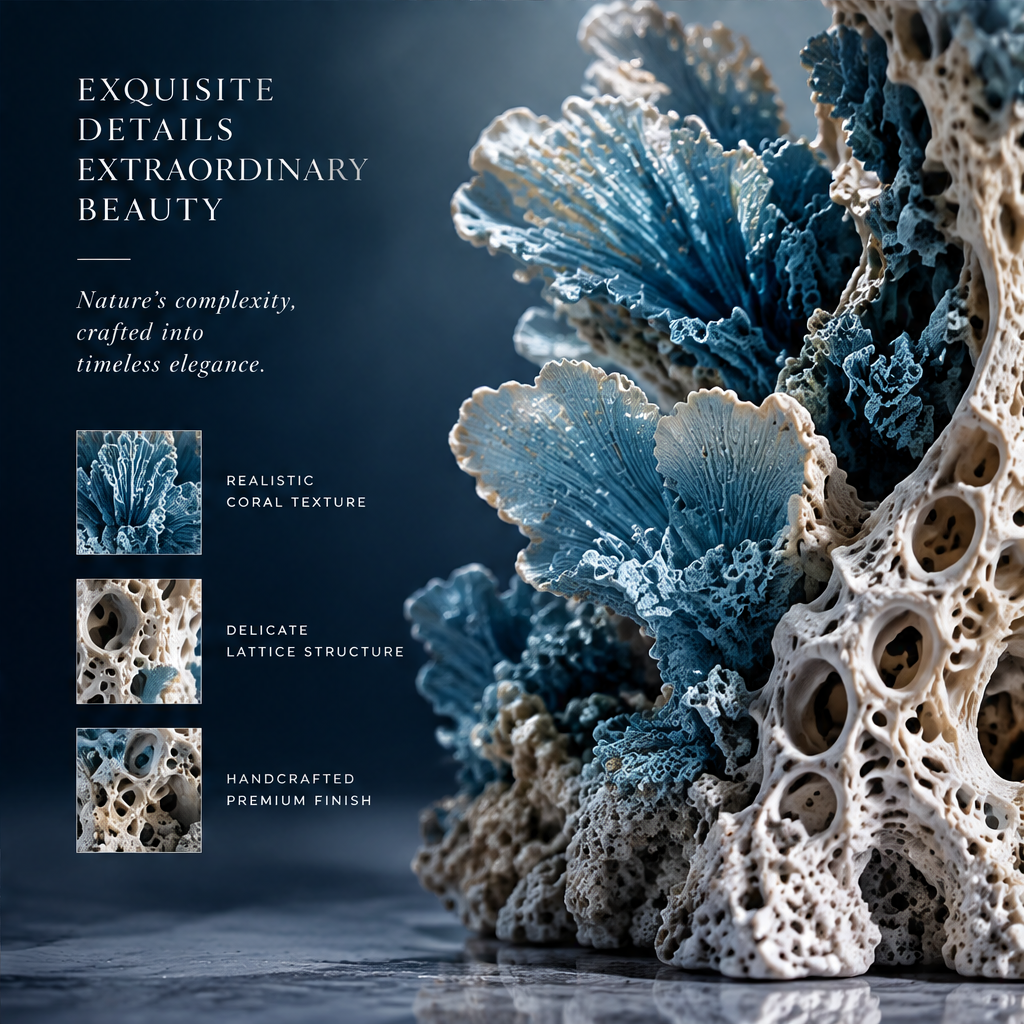 SOLVERNM® Exquisite Details Extraordinary Beauty — nature's complexity crafted into timeless elegance; realistic coral texture macro, delicate lattice structure macro, handcrafted premium finish macro; close-up of teal fan coral and porous bone-white lattice