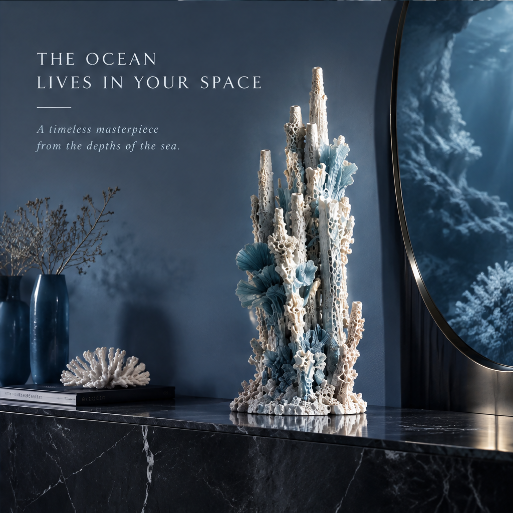 SOLVERNM® The Ocean Lives in Your Space — coral tower sculpture styled on black marble console with round mirror, blue vases, coral accent and art books. A timeless masterpiece from the depths of the sea.