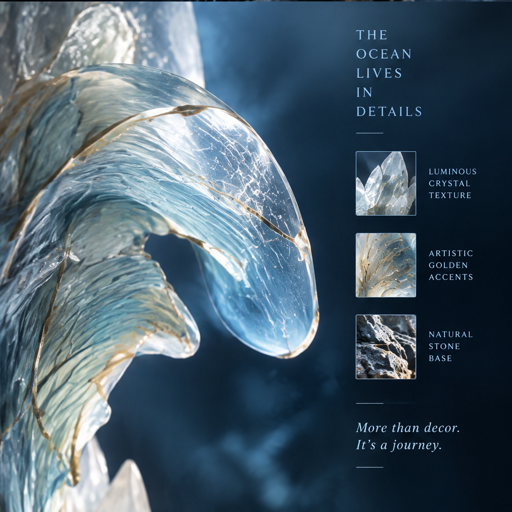 SOLVERNM® Depths Beyond Reality crystal wave sculpture — dramatic side view on dark wet stone, crystal glass catching deep ocean blue light